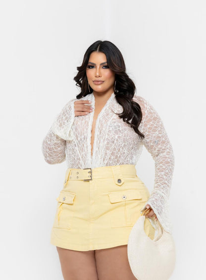Short Saia Plus Amarelo com Bolsos | Helital Jeans