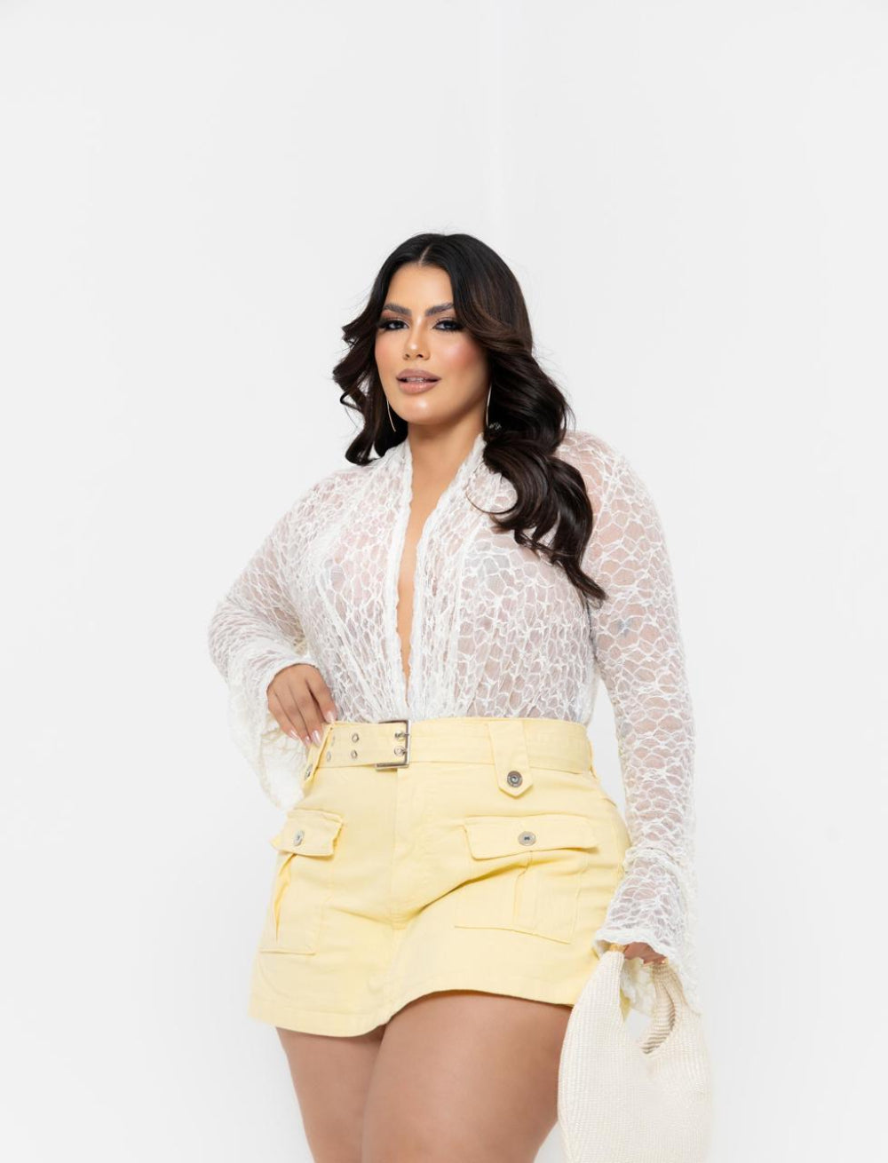 Short Saia Plus Amarelo com Bolsos | Helital Jeans