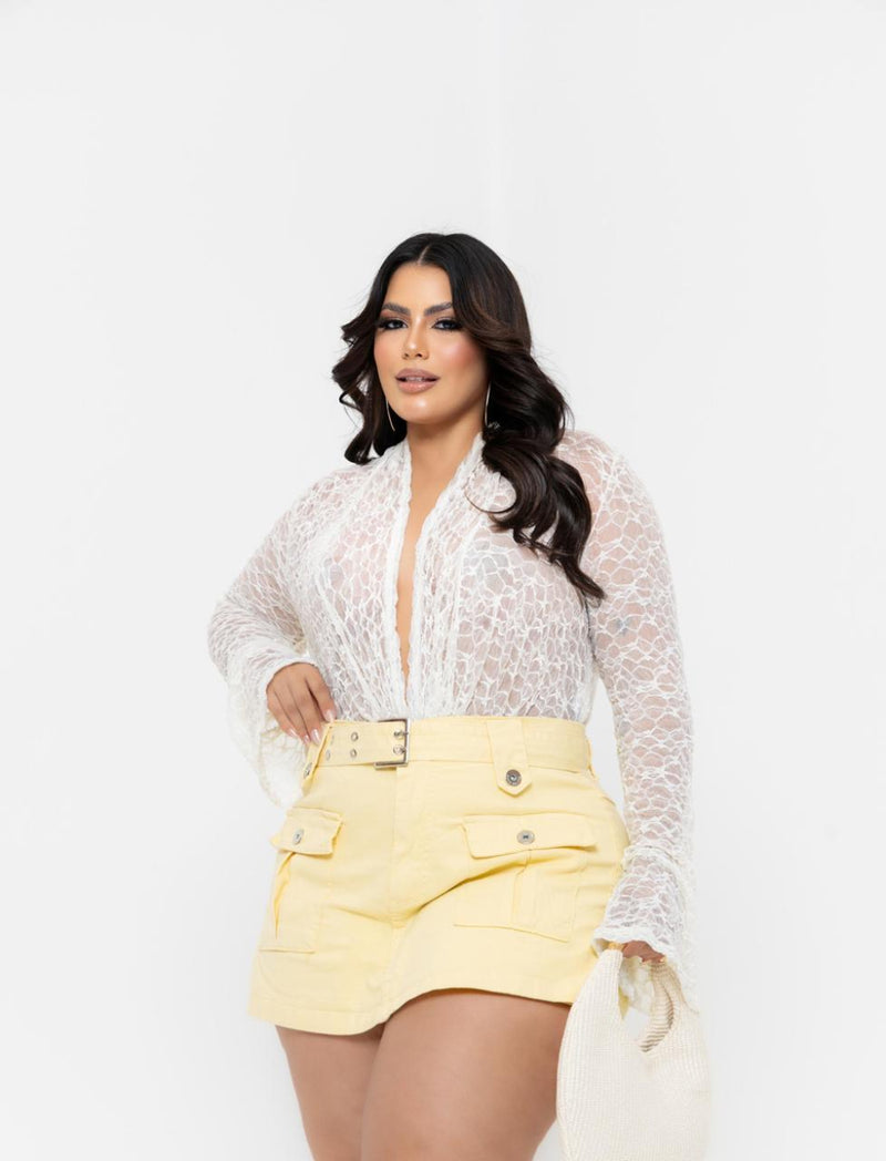 Short Saia Plus Amarelo com Bolsos | Helital Jeans