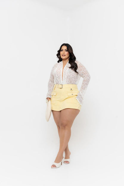 Short Saia Plus Amarelo com Bolsos | Helital Jeans